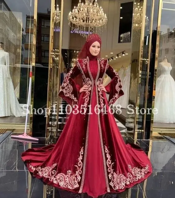 Burgundy Luxury Middle Eastern Evening Dress Long Sleeve Placket High Neck Embroidered Muslim Ethnic Customised فساتين سهرة