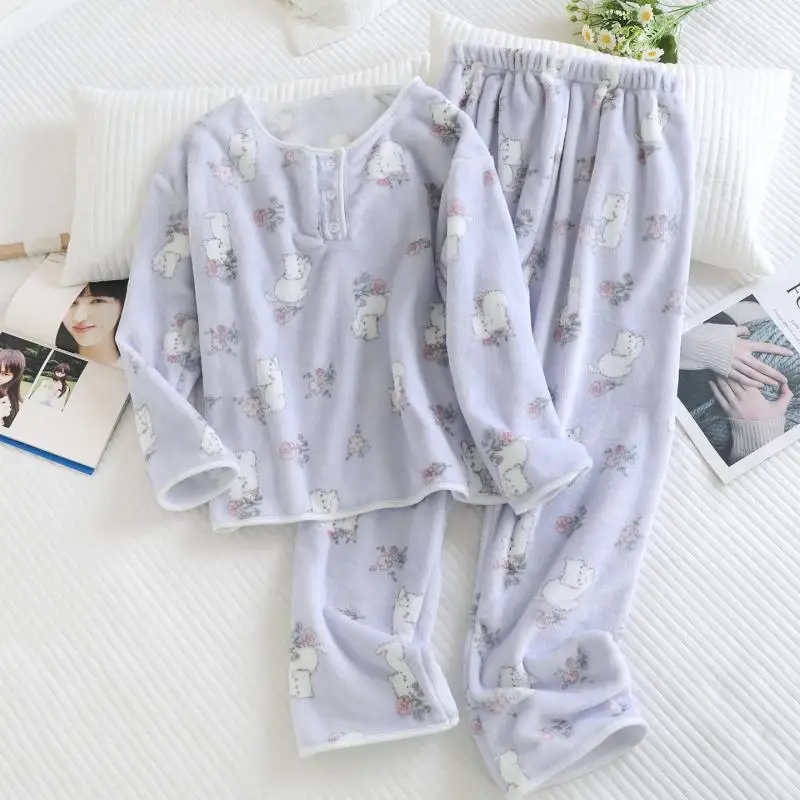 Women Coral Fleece Pajama Set Autumn Winter Cute Panda Heart Print Button Long Sleeve Long Pants Sleepwear Homewear Suit