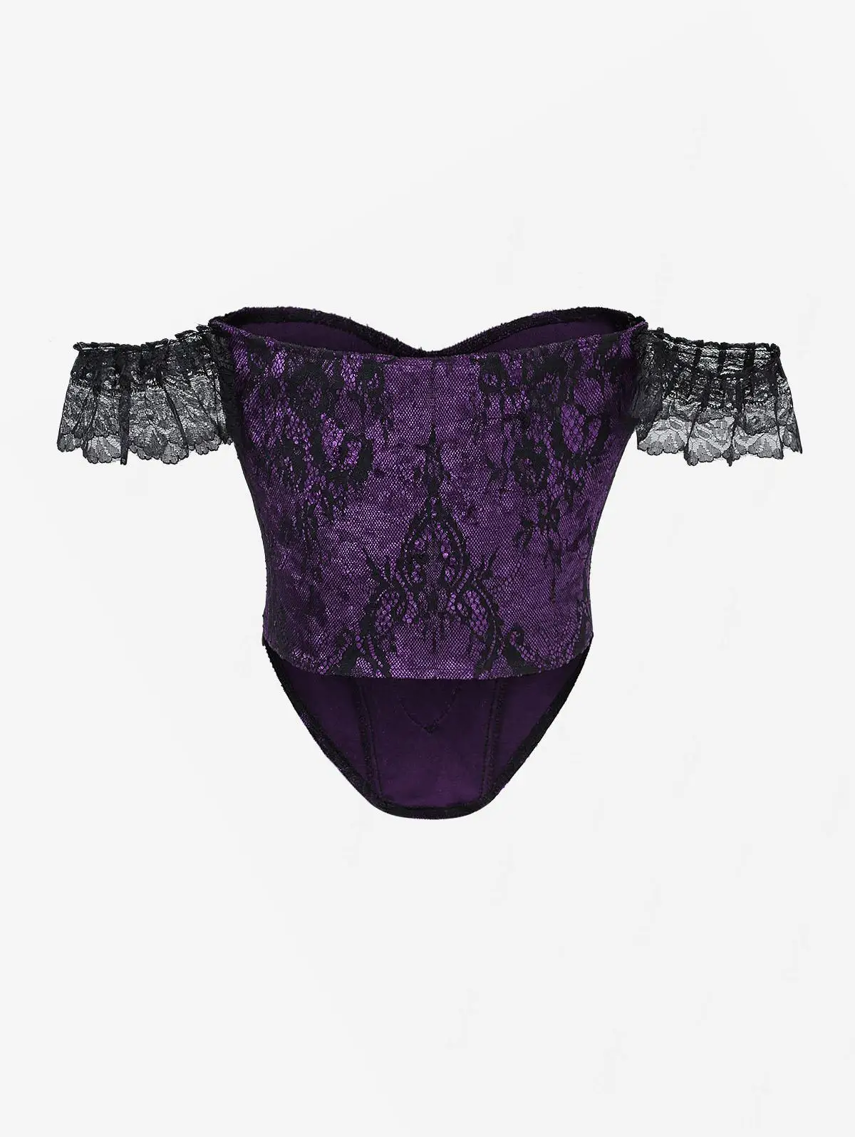 Gothic Strapless Corset Floral Lace Overlay Applique Off The Shoulder Glitter Sparkling Buckle Hem Corset