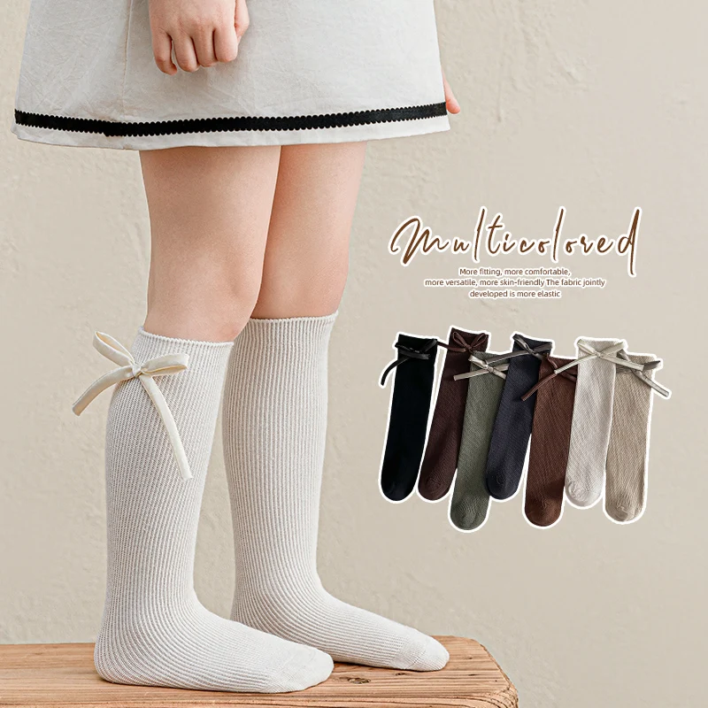 

Носки до середины икры для девочек-принцессы, атласная лента, большие гламурные чулки с 3D бантом и манжетами, гетры, повседневные студенческие детские длинные носки