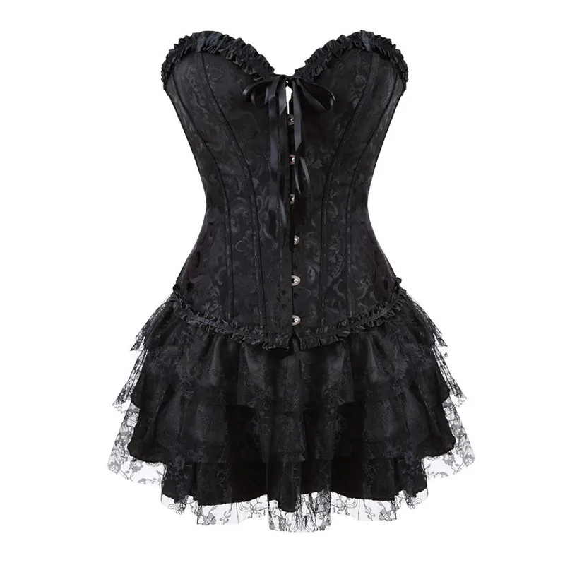 Corset Dress Bustier Overbust Skirts Top Set Women Gothic Victorian Lolita Costume Vintage Lingerie Lace Sexy Fashion Black