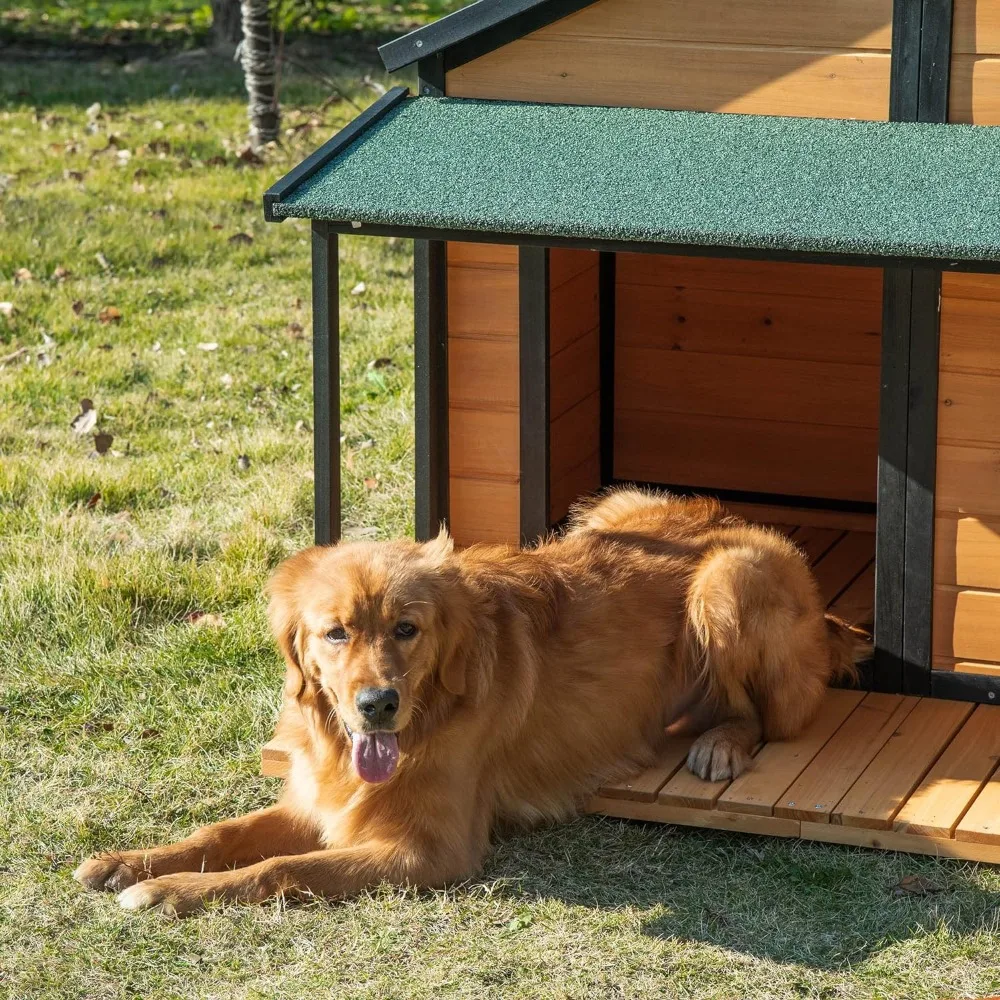 Outdoor Dog House Cabin Style Wooden Raised Pet Kennel with Asphalt Roof Front Door Side Window Porch for Medium/Large Dogs