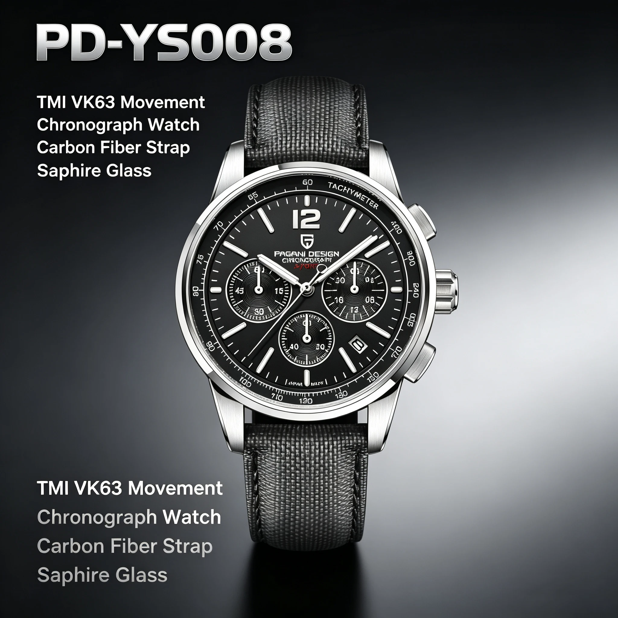 PAGANI DESIGN Chronograph-Uhr für Herren, schwarzes Zifferblatt, Saphirglas, 100 m wasserdicht, Armband aus Kohlefaser, luxuriöse Business-Armbanduhr