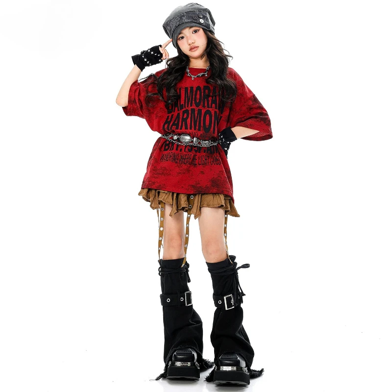 Vêtements de danse de rue Hip Hop pour filles, t-shirt rouge à manches courtes, jupe basse, Costume de spectacle de danse moderne, vêtements de scène de Jazz de groupe