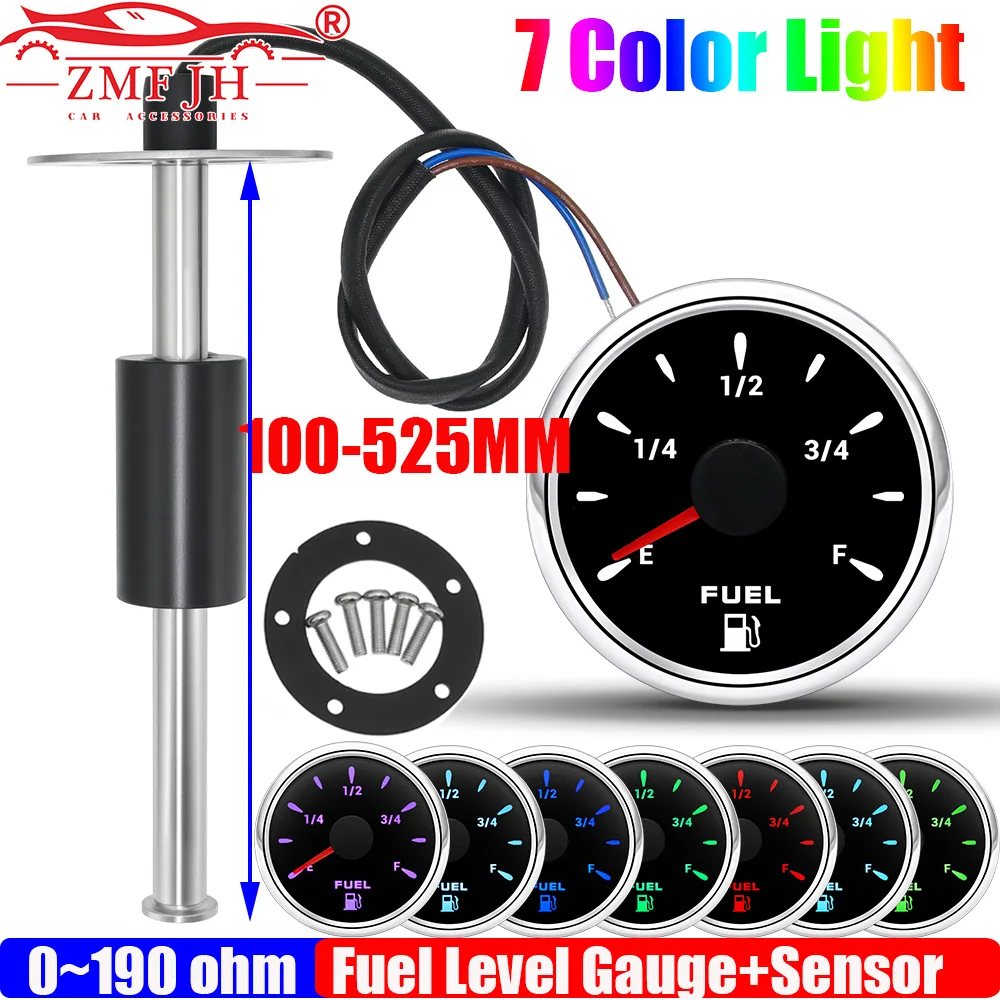 

Датчик уровня топлива ZMFJH 7 цветов, 52 мм, 100-575 мм, для авто/лодок, 0-190 Ом, индикатор уровня топлива в баке, водонепроницаемый IP67