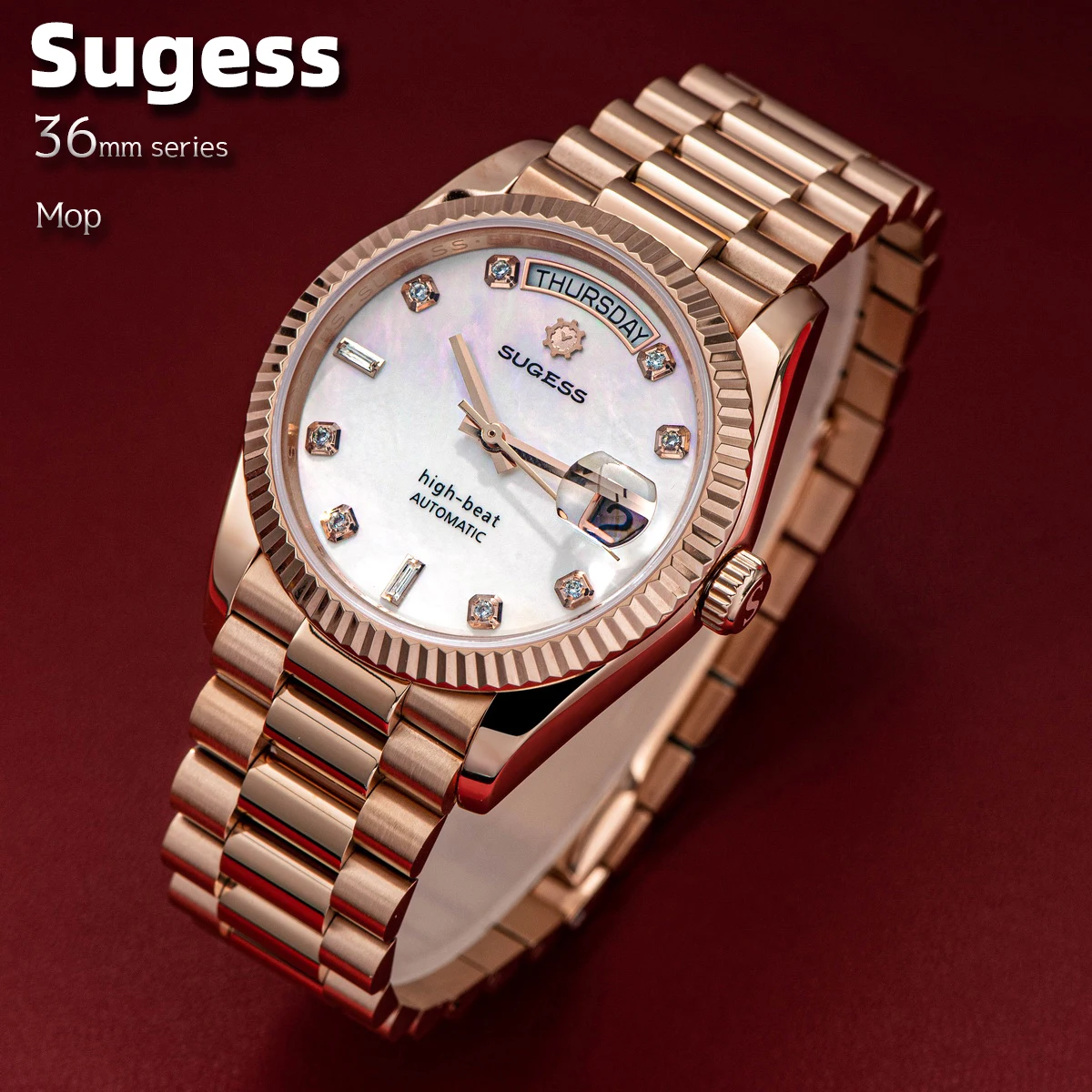 

Sugess Watch of Men 36mm Day Date Automatic Retro Mechanical Wristwatches Sapphire Crystal RoseGold Dandong SL3034 Movement New