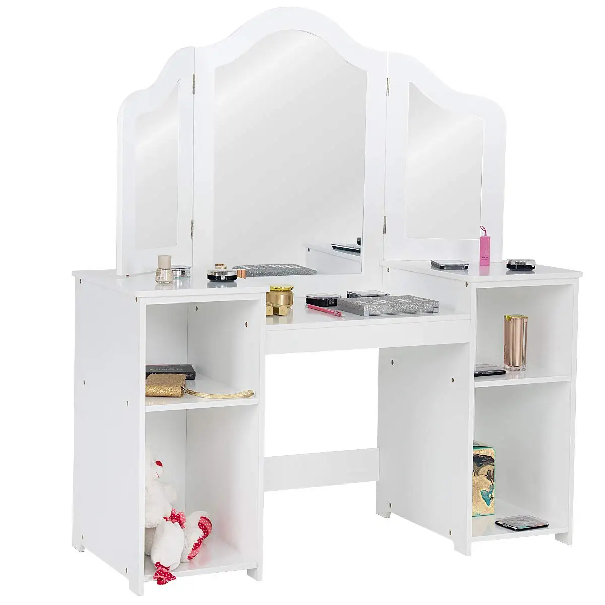 

2-in-1 Detachable Kids Vanity Desk White MDF Mirror 42x16x46in 2 Shelves 3-Panel Mirror Customized