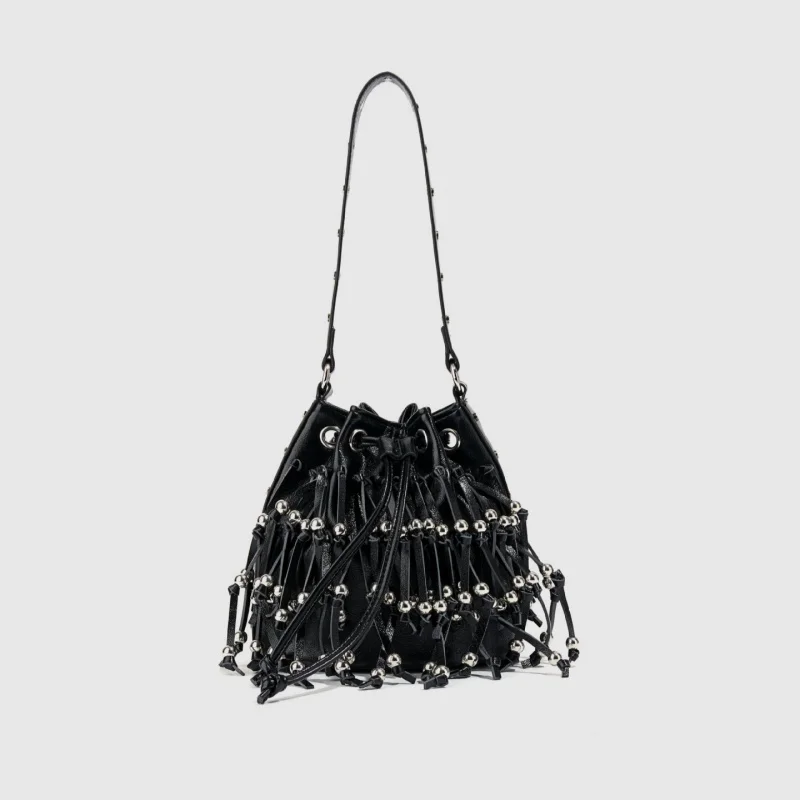 

New Women's Tassel Beaded Shoulder Bag Retro Rivet Decorative Drawstring Closure Bucket Bag Classic Black Crossbody Bag