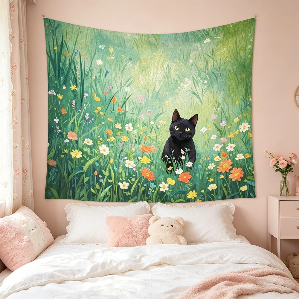 Cute Black Cat in Wildflower Meadow Tapestry, Oil Painting Style Wall Hanging, Aesthetic Art Tapestry for Bedroom Living Room Do