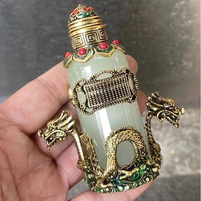 Ancient Chinese Handmade Luminous Double Dragon Inlaid Snuff Bottle