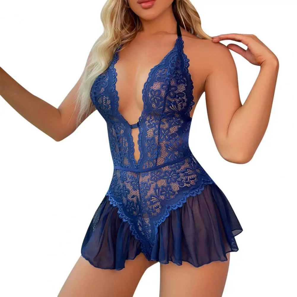 Camisola de renda elegante para mulheres, camisola com gola halter com strappy, design com decote em V, sleepwear transparente sexy