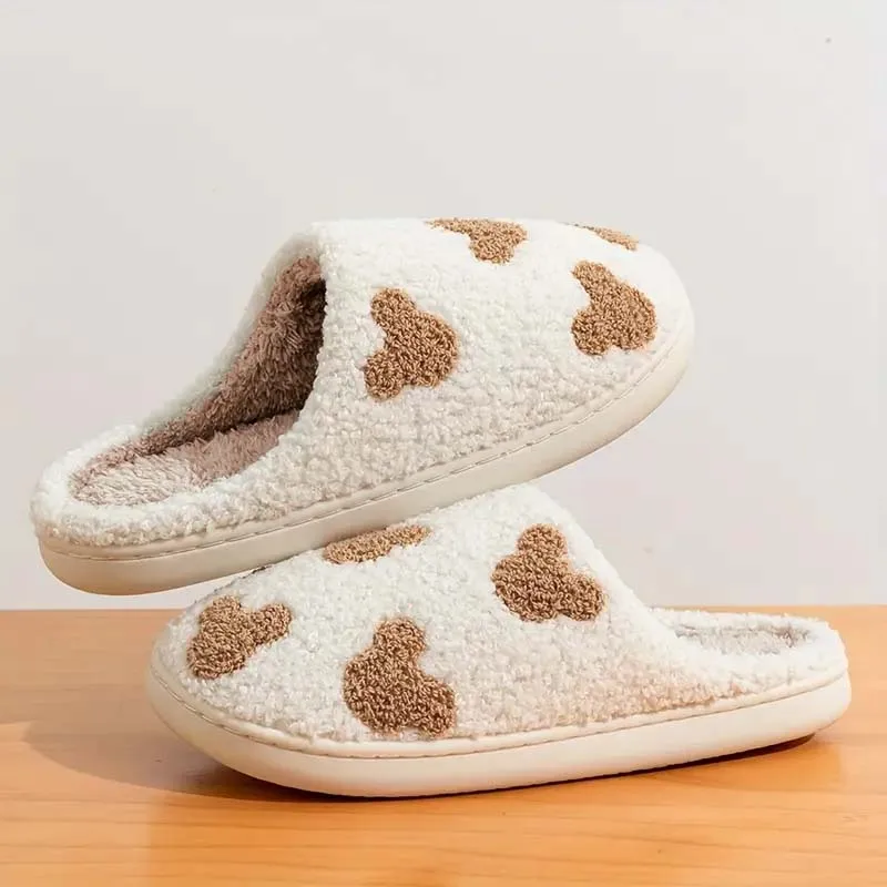 レディース刺繍入りテディベアスリッパ 秋冬用 快適で暖かい滑り止めホームスリッパ