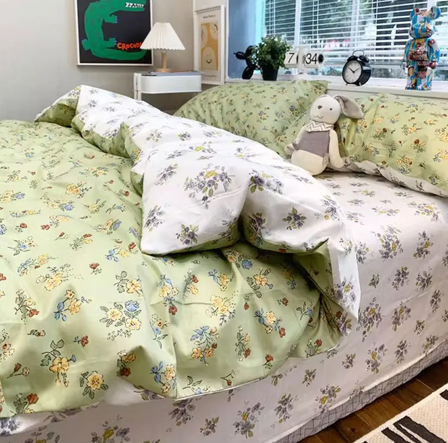 Fashion green yellow flower bed set 1.2 1.5 1.8 2.0,twin full queen King cotton home textile bed sheet pillow case duvet cover