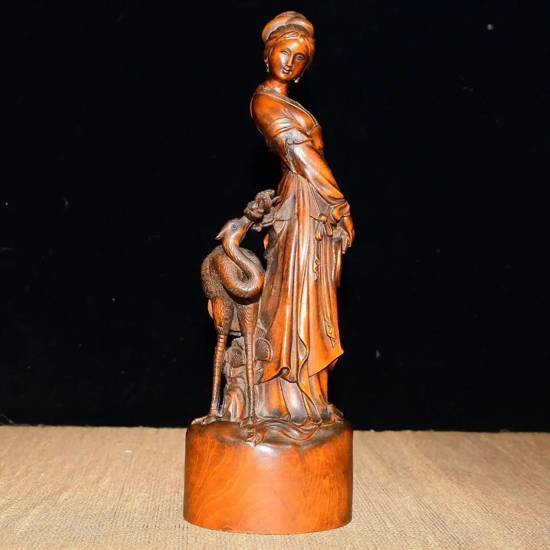 Hand Carved Wood Crane beauty woman Statue Figurine Desktop Ornaments Home Decoration