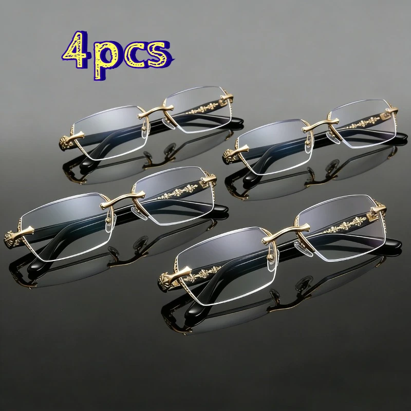 

4 Pairs Unisex Rimless Glasses Transparent frame with gold edge, lightweight PC