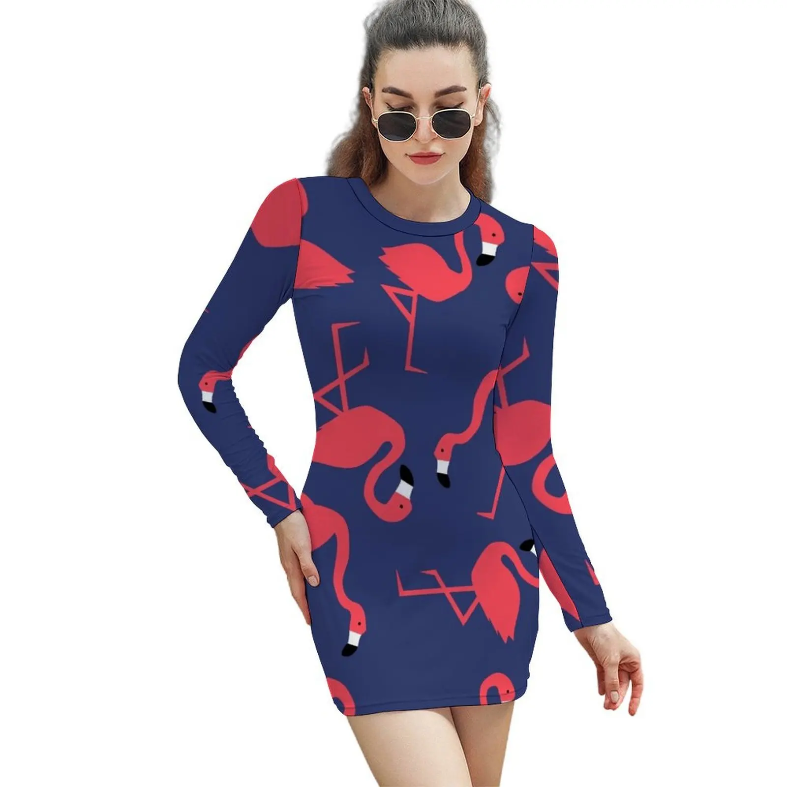 

Fluorescent Flamingos Long-Sleeved Sheath Dress wedding guest dress 2024 dresses for women 2024 dress women elegant luxury