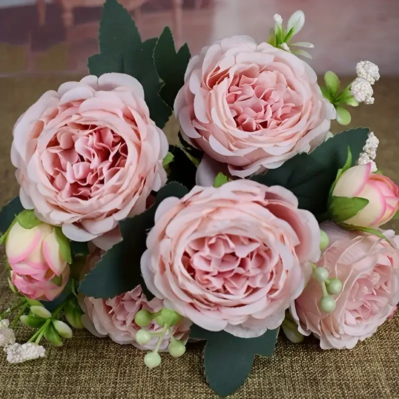 30cm Rose Pink Silk Bouquet Peony Artificial Flower 5 Big Head 4 Small Bud Bride Wedding Home Decoration Artificial Flower