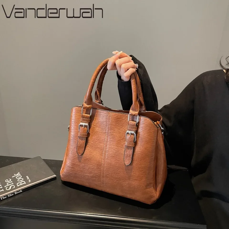 

VANDERWAH Vintage Women's Handbag Casual Tote Bag Brand Large Shoulder Crossbody Bags Female 3 Layer Solid Color Commuter Bag