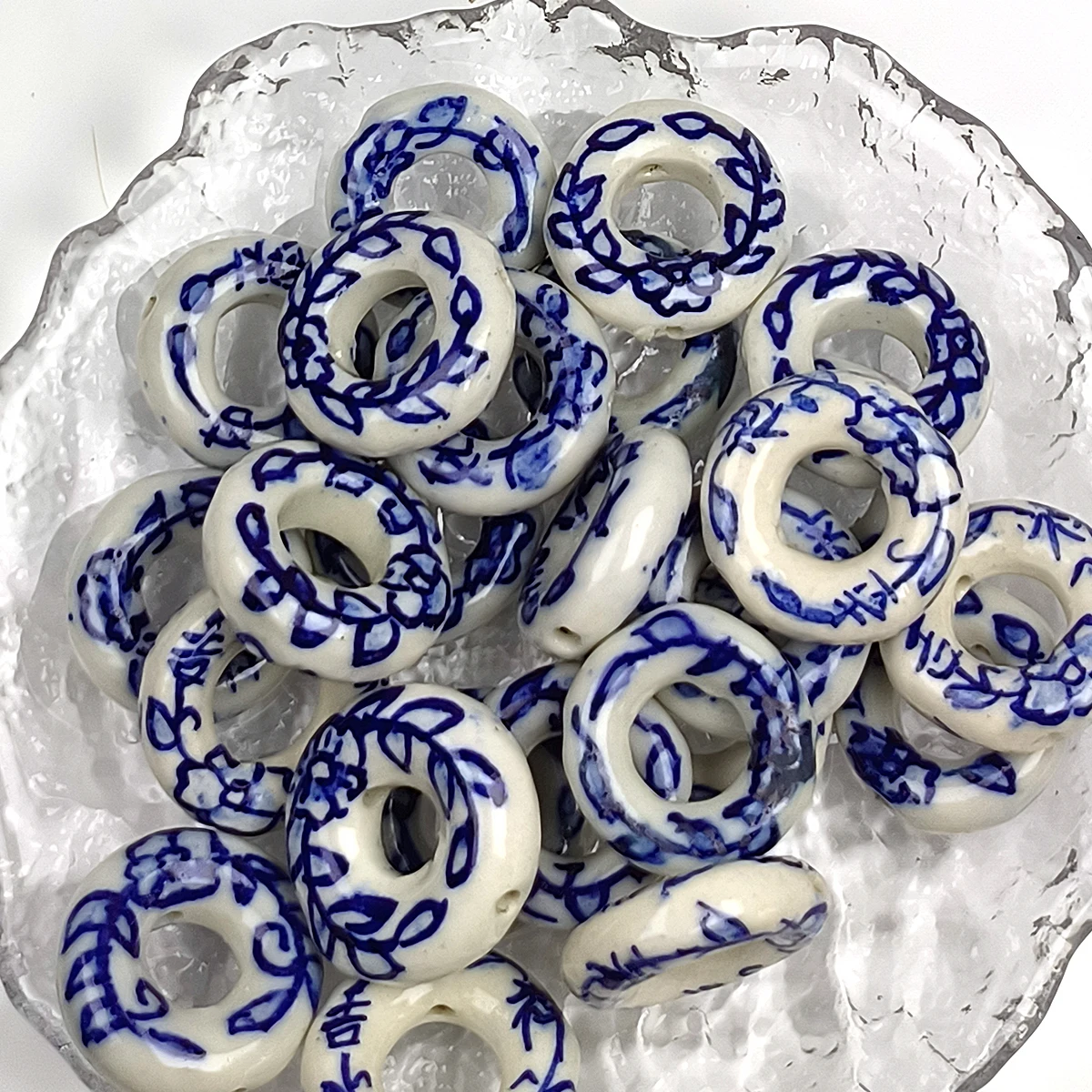 1.8cm  blue porcelain flower ring beads For DIY Bracelet Keychain Necklace Gifts Accessories