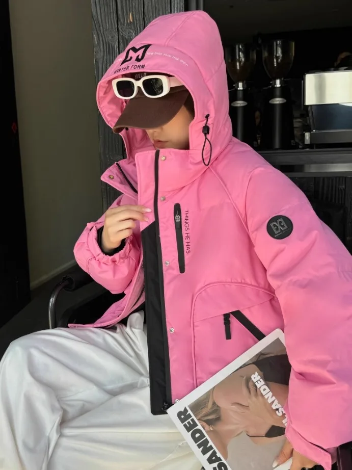 New Women Autumn Winter White Duck Down Coat Printing Short Loose Hooded Coat High Street Warm Puffer Jacket For Women
