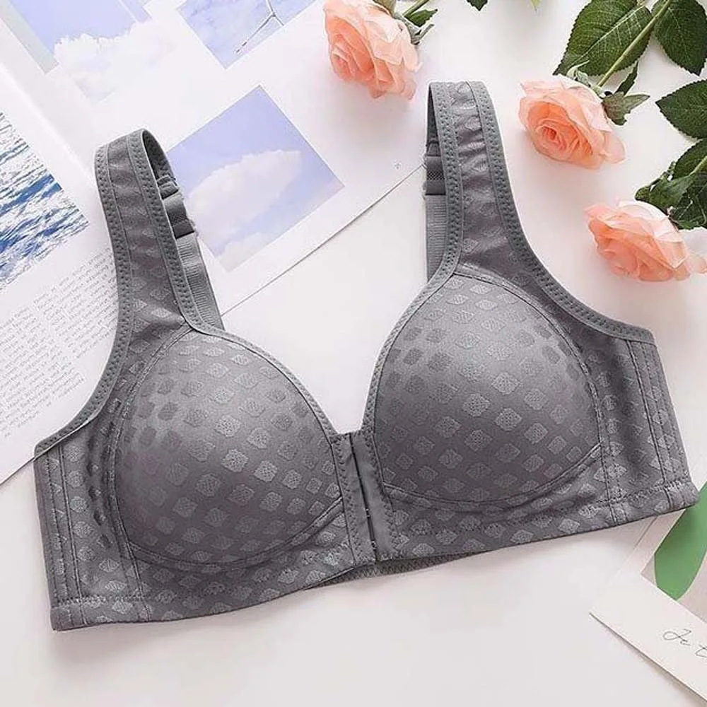 Adjustable Middle Aged Elderly Bra Cotton Nylon Gathered Breasts Front Buckle Bra Close-fitting Shockproof Large Size Bra Women