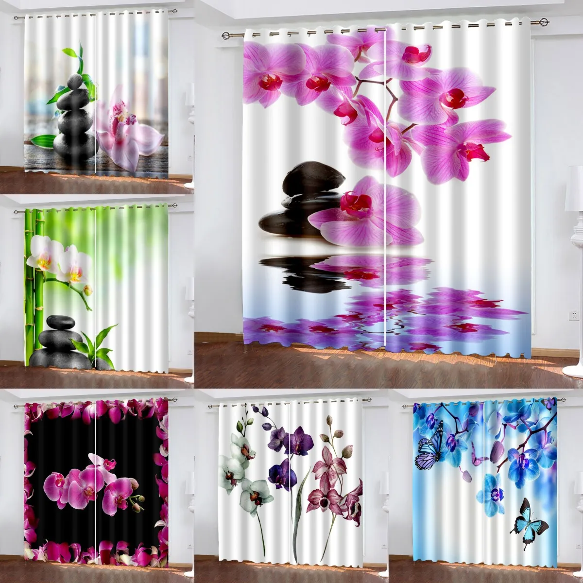 2Pcs Phalaenopsis Floral Curtain Semi Blackout For Living Dining Room Bedroom Kitchen Window Transparent Flowers Curtains