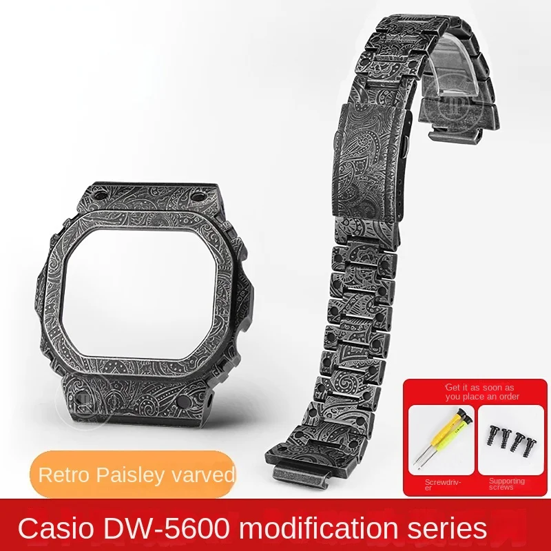 For Casio small square dw5600 GW-b5600 5610 Retro Vintage engraving modified men\'s watch band and case 316 Stainless steel strap