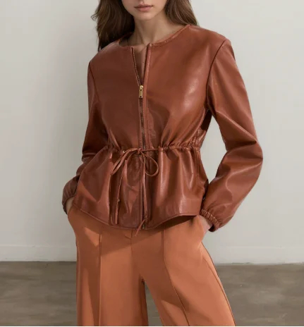 

Women's Jacket 2026 Spring Autumn New Round Neck Brown Drawstring Cinched Waist Slim Versatile Long Sleeve Leather Zipper Jacket