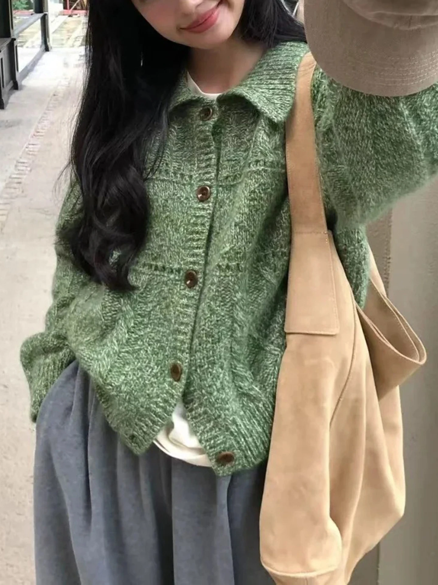 

Ladies Cardigan100% Merino Wool Solid Color Polo Neck Single-breasted Sweater Autumn Winter Double Zipper Knit Cable Clothing