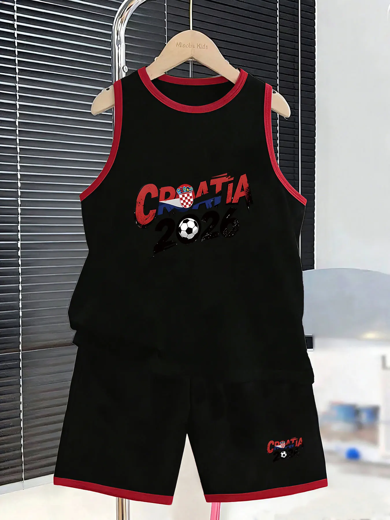 

Boys' Scotland Football-themed Vest and Shorts Set, featuring vintage print designs with 2026 tournament elements, is full of tr