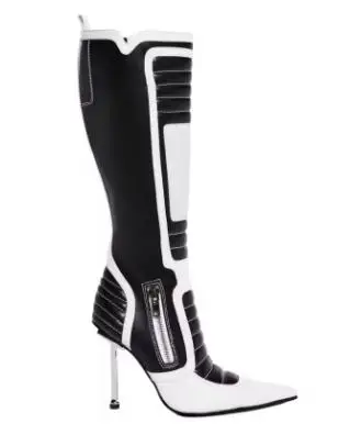Pink White Black Patchwork Leather Motorcycle Knee High Boots Women Pointed Toe Thin Heels Run Way Long Riding Boots Shoes 47
