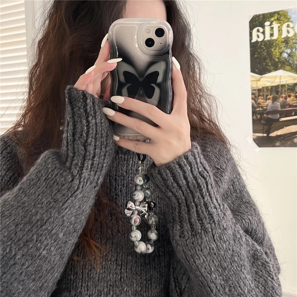 Capa de telefone macia clara para iPhone, pulseira de corrente borboleta preta bonita, capa protetora para iPhone 12, 11, 13, 14 Pro Max, 13Pro Max, Coréia