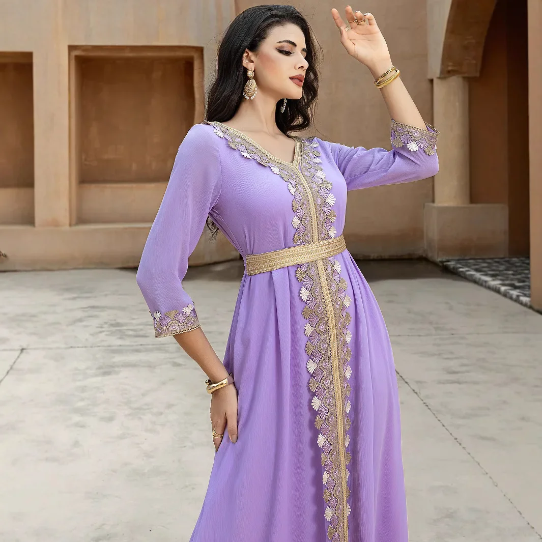 

Eid Luxury Dubai Abayas for Women Embroidery Belt Jalabiya Muslim Dress Turkey Kaftan Long Robe Party Gown Caftan Marocain Femme