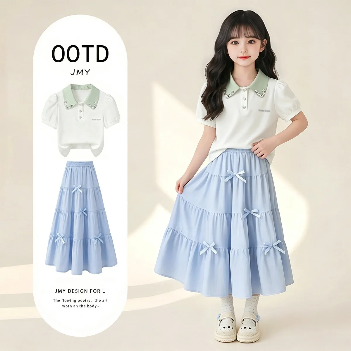 

2026 New Girls Preppy Style Two Piece Set Childen Polo Shirt + Bow Layered Skirt for Teens Kids Korean Style Summer Outfit