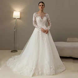 Luxury Long Sleeves Vestidos De Novia Sheer Scoop Neck Pearls Beading Lace Wedding Dresses Appliques Vestido De Noiva