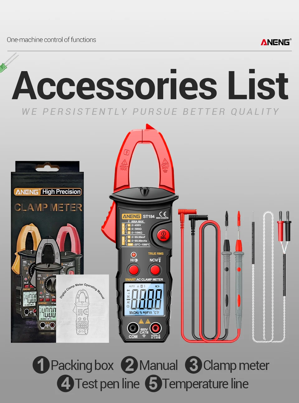 ANENG ST184 Digitalmultimeter, Zangenmessgerät, True RMS 6000 Zählungen, professionelle Messgeräte, AC/DC-Spannung, Wechselstrom, Ohm-Werkzeug – Detail 14