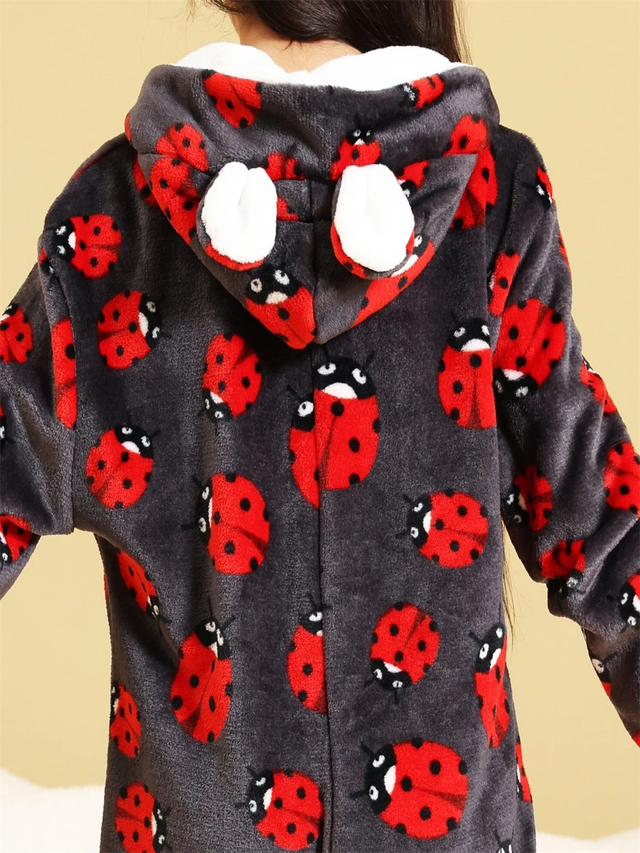 Hooded Flannel Pajamas For Children Animal Pyjamas Kids Onesie Girls Sleepwear Ladybug Print Jumpsuit