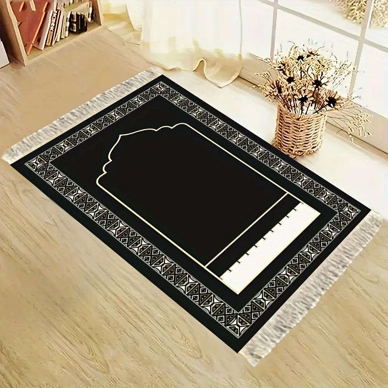 VIKAMA Minimalist Black Gold Islamic Prayer Carpet - Classic Home Bedroom Carpet Anti Slip Tassel Worship Mat