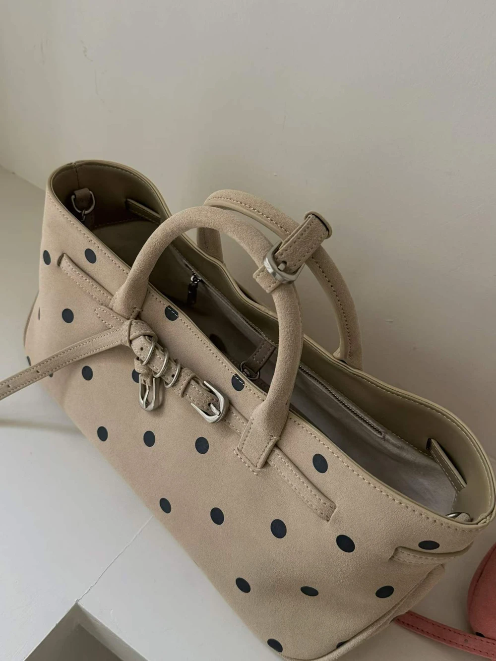 Spring New Lazy High-Quality Suede Cowhide Fashion Polka Dot Boston Handbag Women's Shoulder Crossbody Purse
