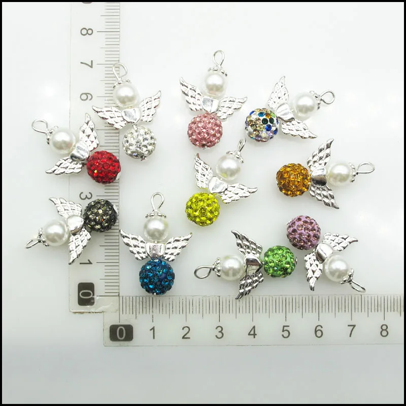 10 neue Ton perlen & Kristall Engel Charms versilberte Flügel gemischte Kugel runde Anhänger 22x30mm