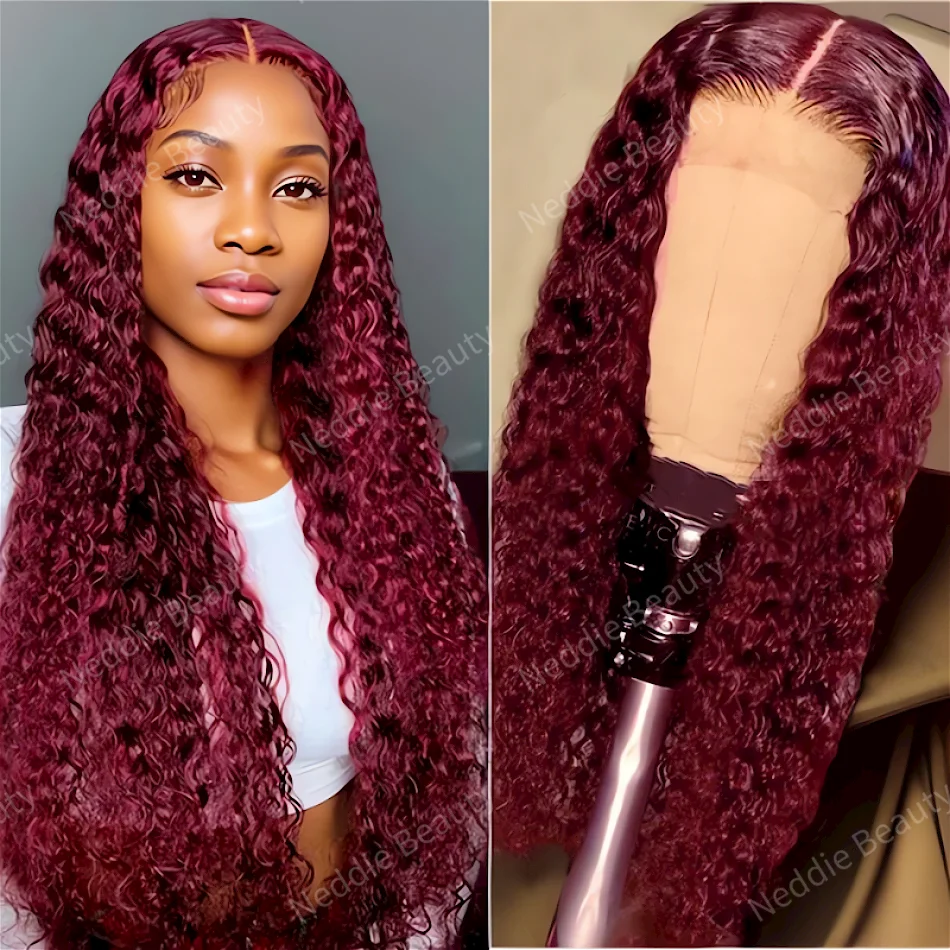 

13x6 Human Hair HD Lace Frontal Wig 100% Burgundy Water Wave Brazilian Curly PrePlucked Transparent Wigs For Women Choice