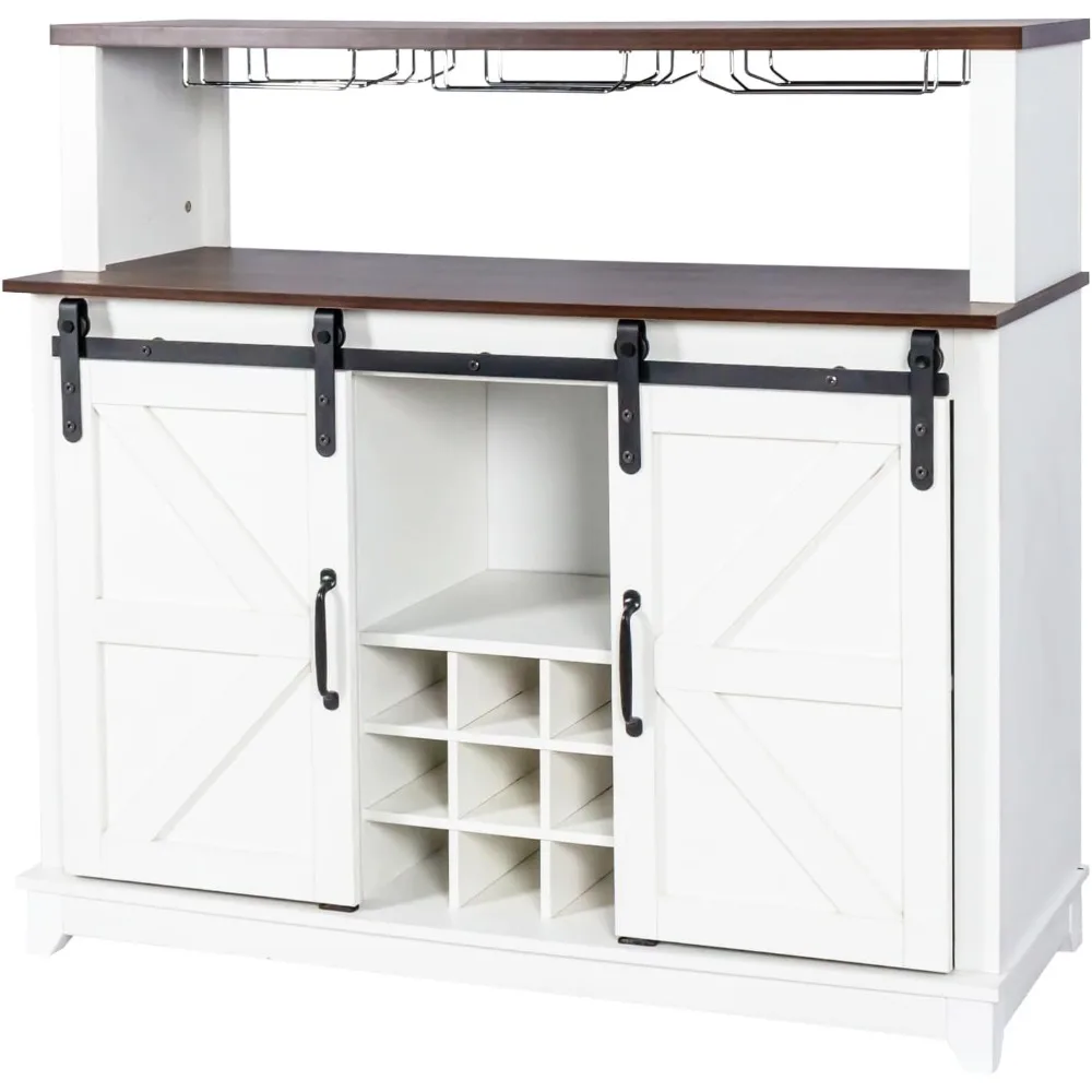 47인치 커피 바 와인 캐비닛(슬라이딩 헛간 문 포함), 와인병 랙이 있는 뷔페 캐비닛, 주방용 수납 캐비닛.