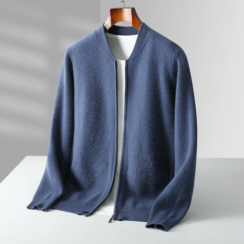 Autumn Winter 100% Merino Wool Thickened Sweater Men's Knitted Stand up Collar Cardigan Casual Business Long Sleeved Coat Jacket