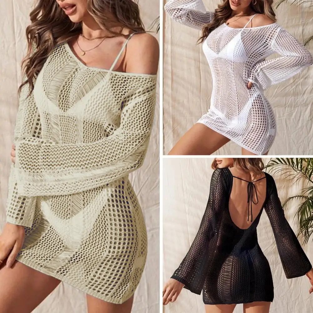 Effen Gebreide Hollow Out Bikini Cover-Ups Vrouwen Sexy Kant Korte Tunieken Strand Jurk Voor Vrouwen Zomer Badpakken Cover Up