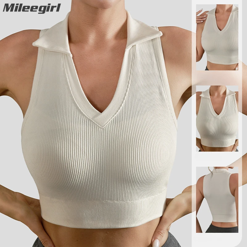 

Mileegirl Seamless Women Yoga Vest, Ribbed Lapel Sports Bra, Quick Drying Gym Fitness Crop Tops, Padded Worktout Shirts Tank Top