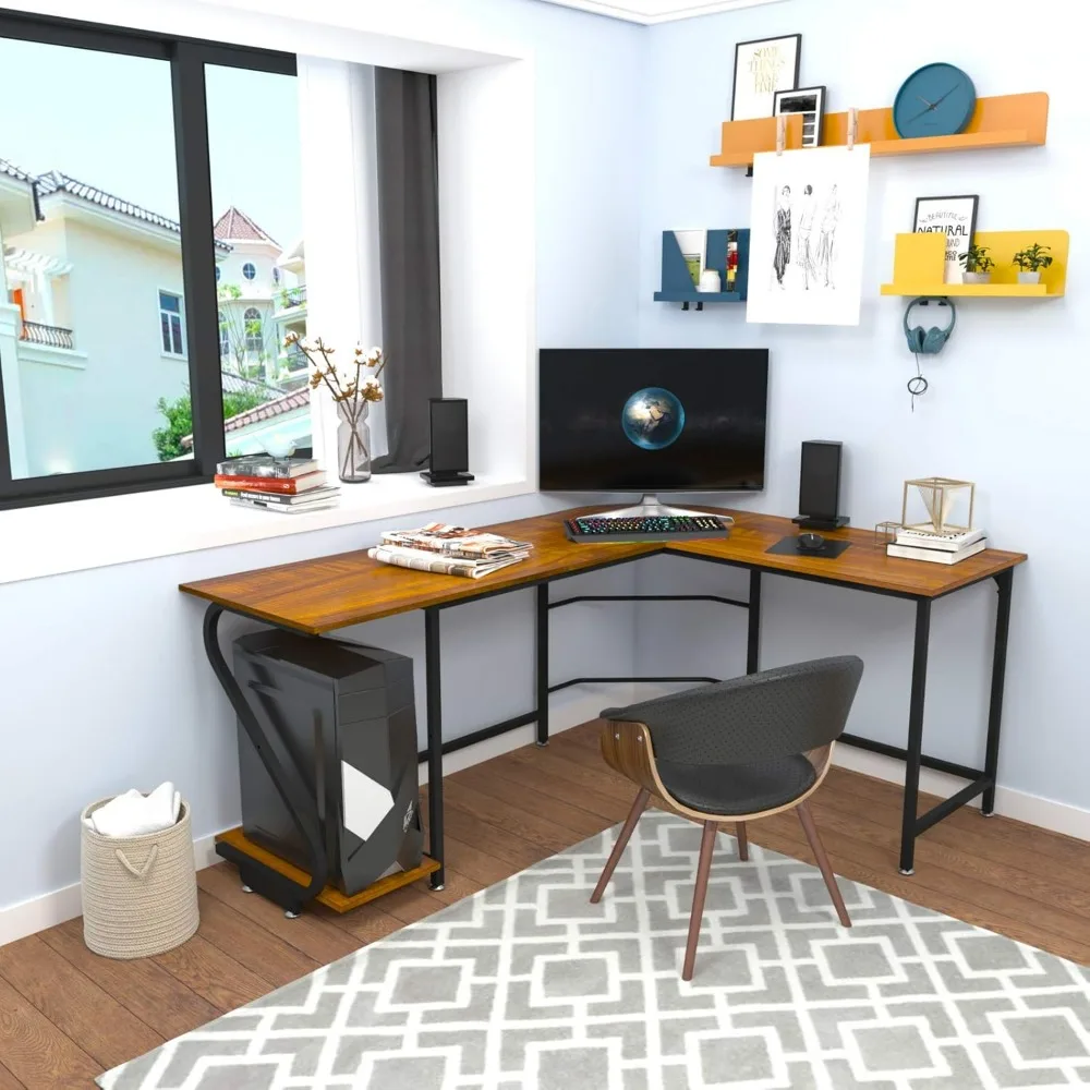 Wendbarer L-förmiger Schreibtisch mit Regalen, großer Eck-Gaming-Computertisch für Heimbüro, Schreibarbeitsplatz, Holztisch