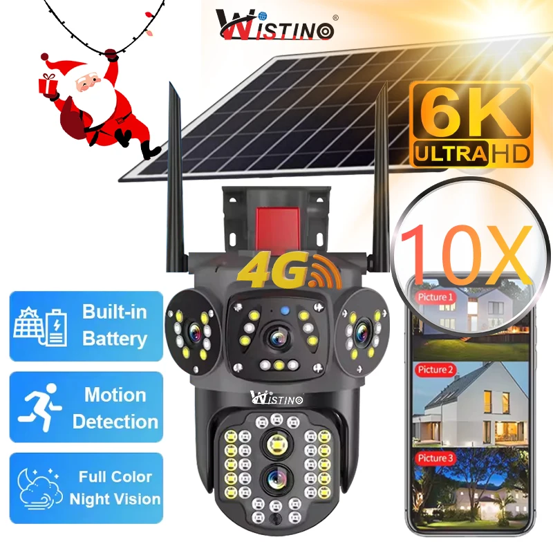 

Wistino 12MP Outdoor HD Dual Lens Triple Screen 10x Zoom V30pro Solar Camera Motion Detection Red and Blue Alarm 4g Solar Camera