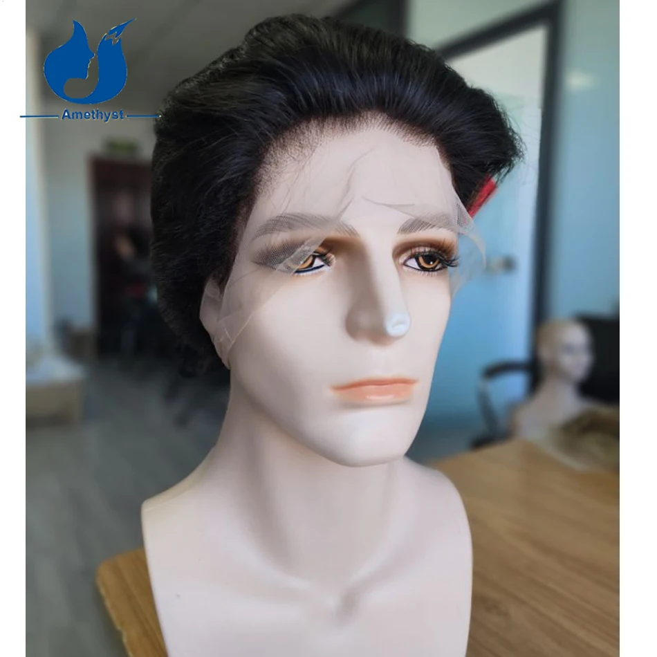 Amethyst Brown Straight Men's Boy Cut Wig Shaved Remy Human Hair Short Pixie Cut Bob Full Lace Wig Pre Plucked Bleached for Male