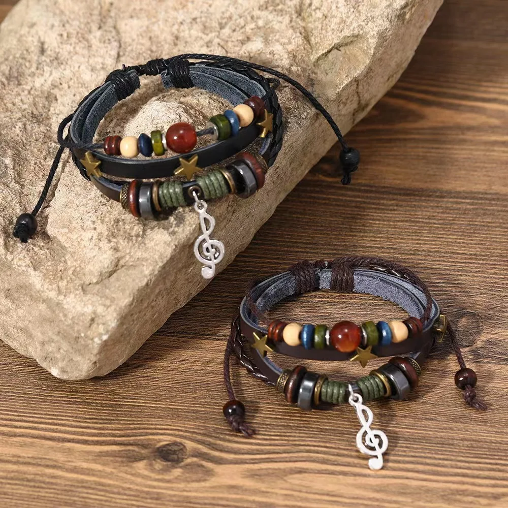 Handmade Hippie Design Brown Leather Bracelet Women Metal Star Note Charms Wood Button Beads Wrap Unisex Adjustable Bracelet