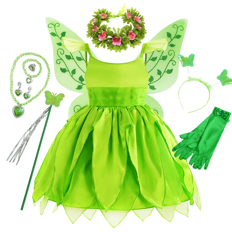 Für Mädchen Kostüm Blumenfee Verkleidung Dress Up Kinder Prinzessin Tinker Glocke mit Flügeln Halloween Prinzessin Party Tinkerbell Kleid